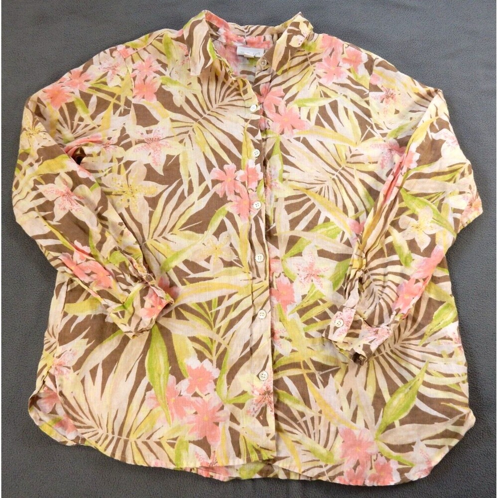 J Jill Womens Shirt Medium Petite Pink Green Linen Floral Flower Orchid Tropical